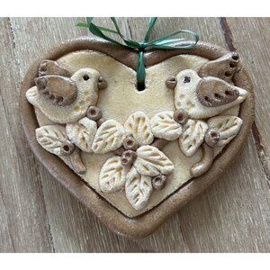 Vintage 80s 90s Dough Art Country Heart Shaped Turtle Doves Hanging Wall Decor